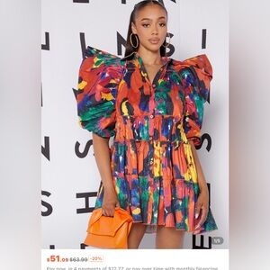 SHEIN abstract print exaggerated puff sleeve button up shirt Dress